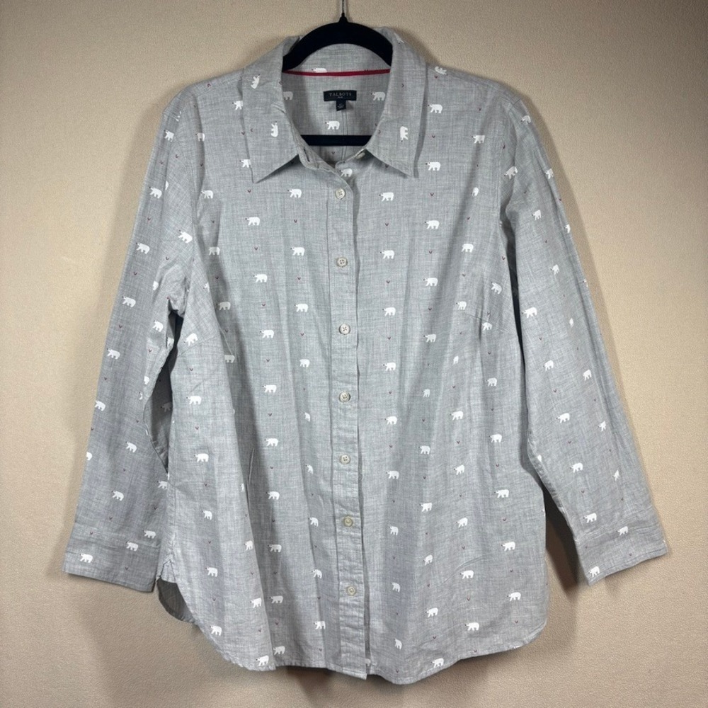 NOS Talbots Plus Grey Polar Bear Heart Button Down Shirt 1X Cabin Preppy Festive